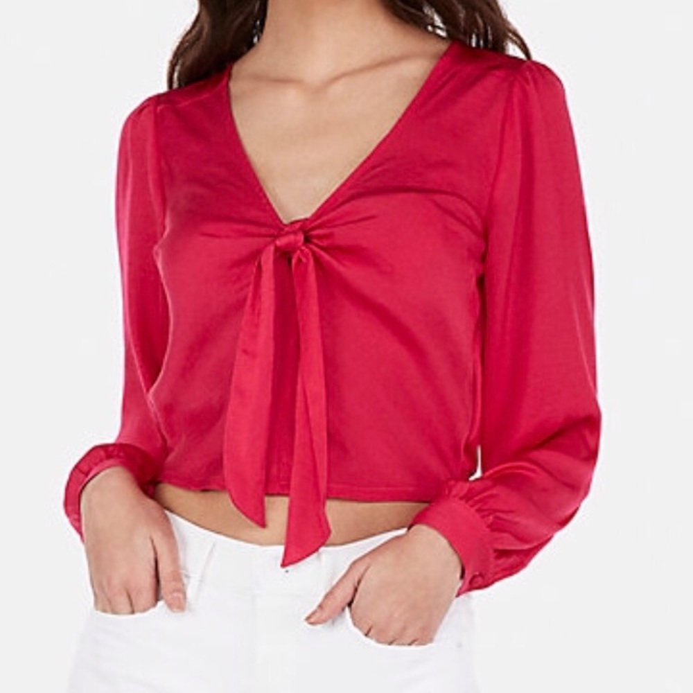 Satin Tie Front Long Sleeve Cropped Top